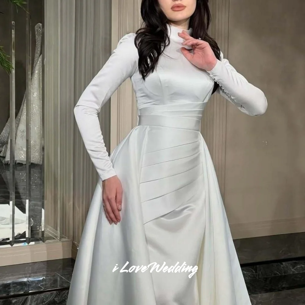 Simple High Neck Wedding Dresses 2025 Long Sleeve Mermaid Trailing Arabic Bridal Gowns Muslim Dubai Simple Pleated Customized