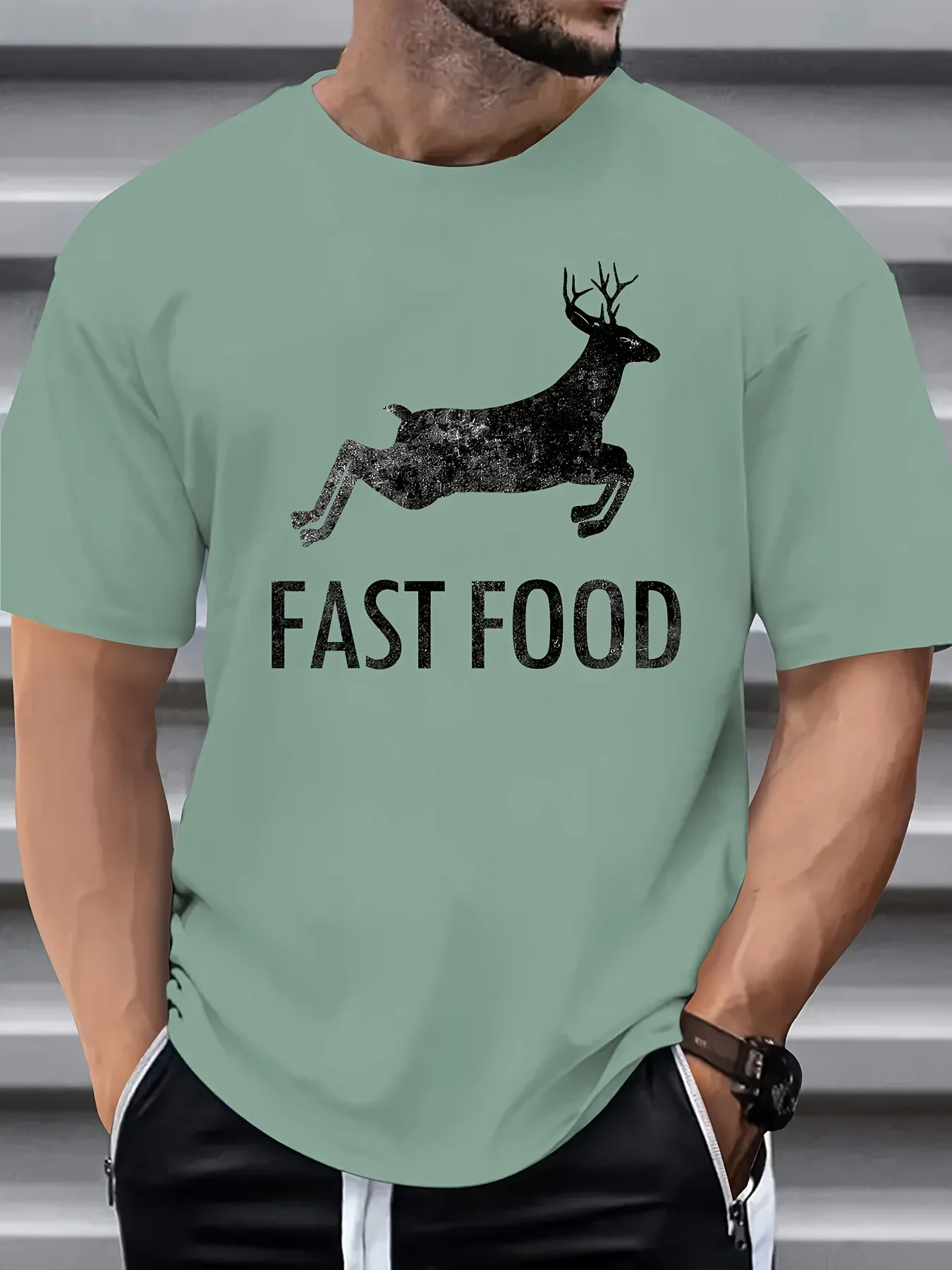 

25 year men's summer fashion casual sports loose and fun deer pattern printed round neck T-shirt top
