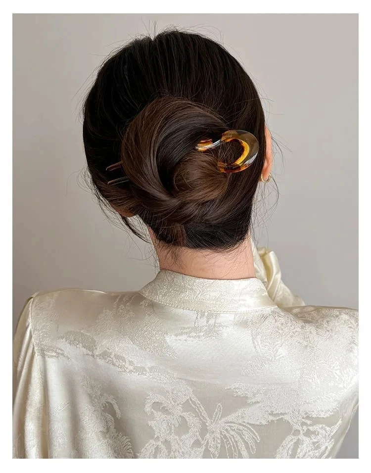 Elegant Vintage U-Shaped Hair Stick, Chinese Style Acetate Hairpin with Geometric Patterns, Beautiful Hair Ornament for Daily Wear and Parties