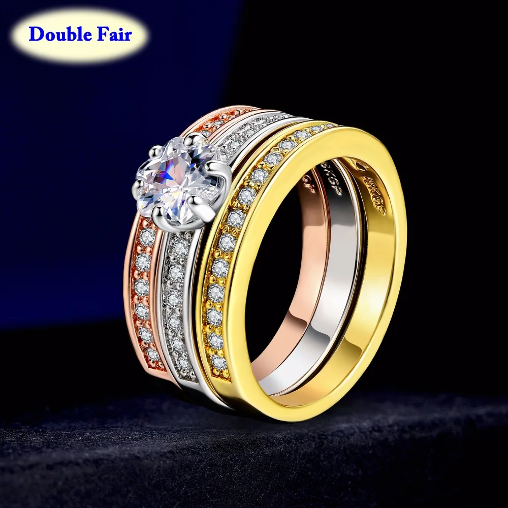 Top Quality Vintage 3 Rounds Cubic Zirconia Rings Rose Gold Color Fashion Brand Cubic Zirconia Retro Jewelry For Women DWR107