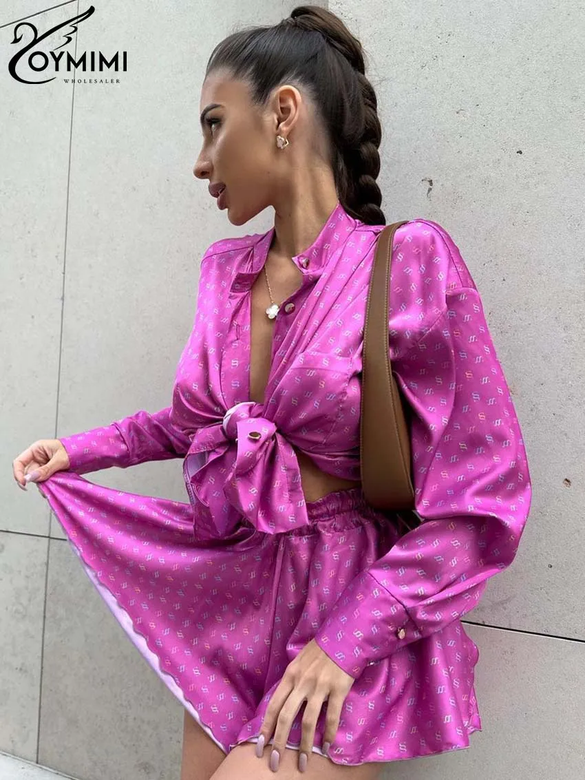 Oymimi Elegant White Print Sets For Women 2 Pieces Fashion Lapel Long Sleeve Button Shirts And High Waisted Side Slit Shorts Set