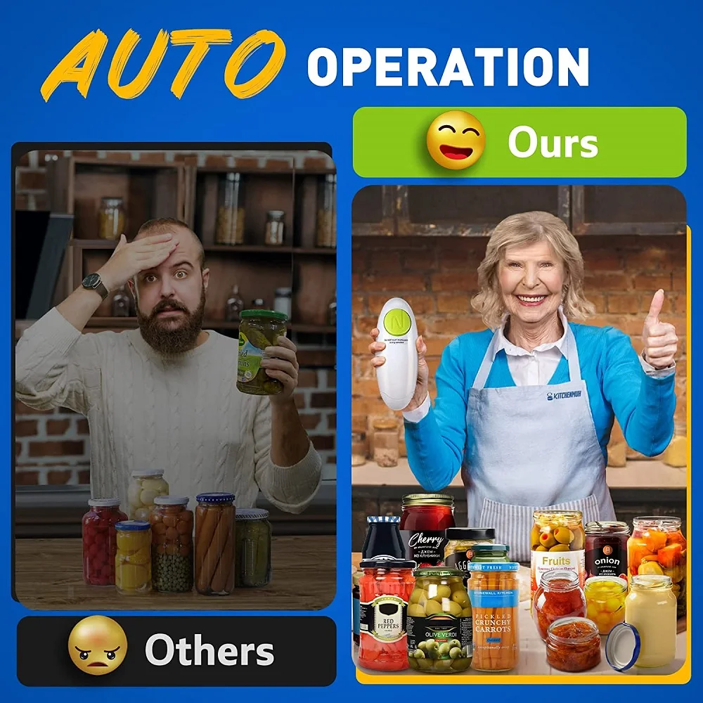 Abridor de latas eléctrico con un toque, encendido y apagado automático, mayor par, apto para casi frascos, herramienta de cocina de tamaño