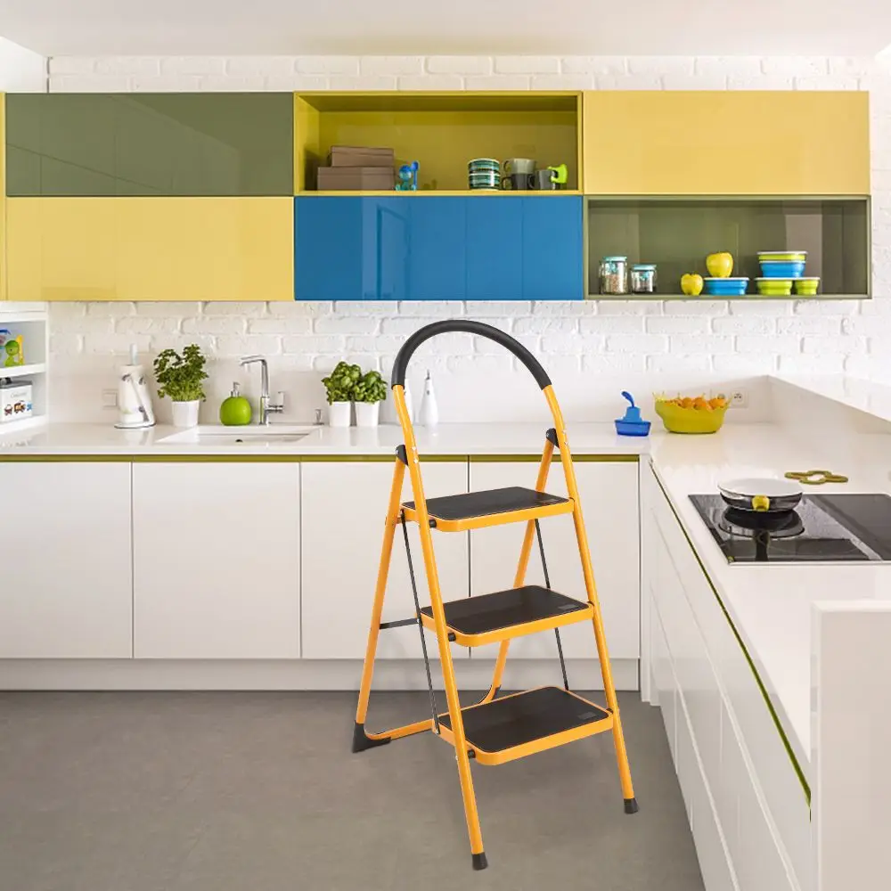 Portable household kitchen three-step folding ladder with non-slip rubber handle RT