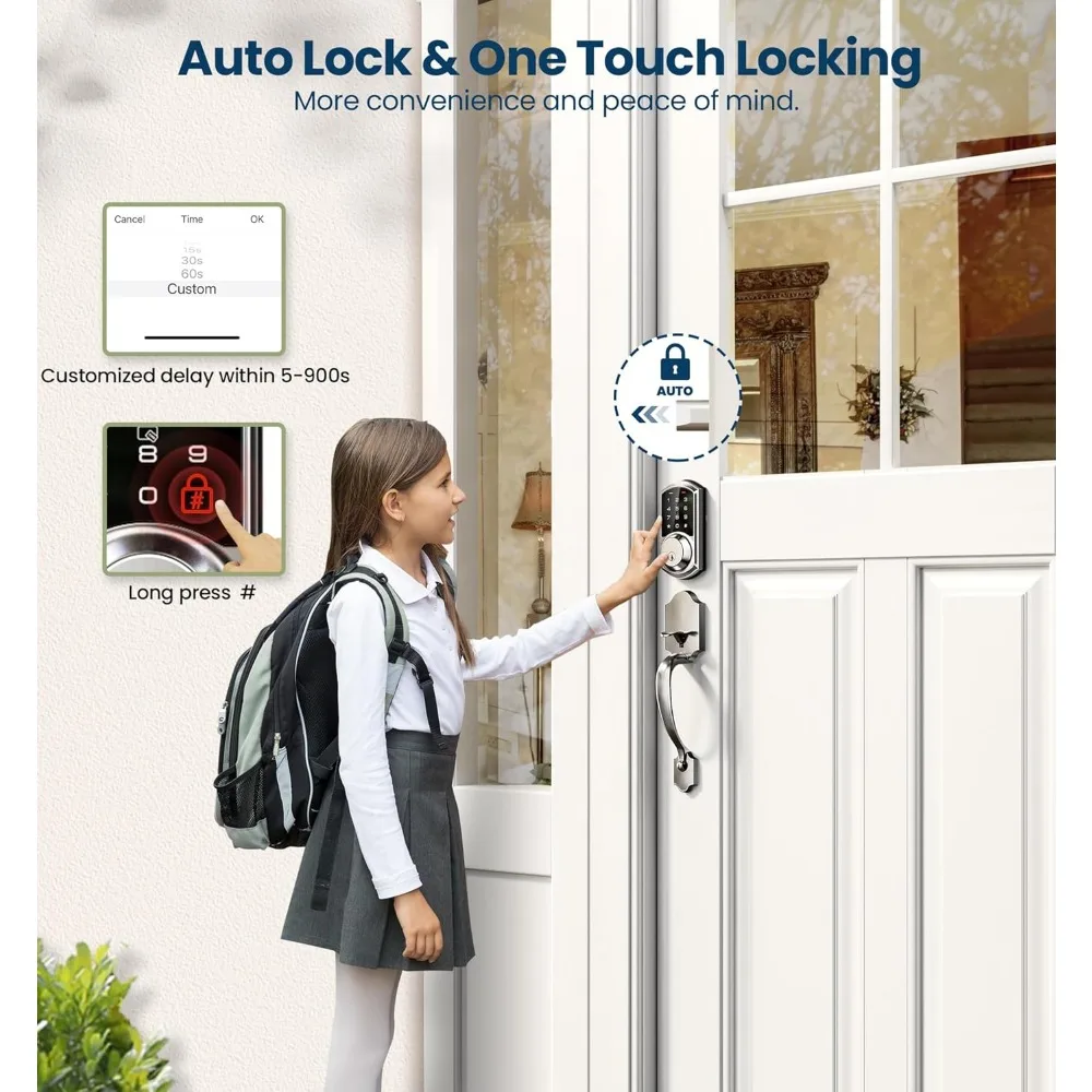 VE06-H Smart Front Door Lock Set, App Control, Keyless Entry Deadbolt with Lever Handle, Electronic Digital Touchscreen Keypad,