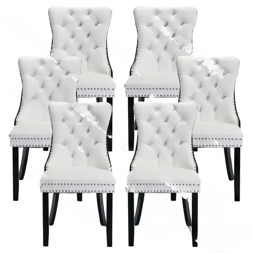 

PU Leather Dining Chairs Set of 6, Upholstered Dining Room with Ring Pull Trim & Button Back, Luxury Tufted Dining Chairs