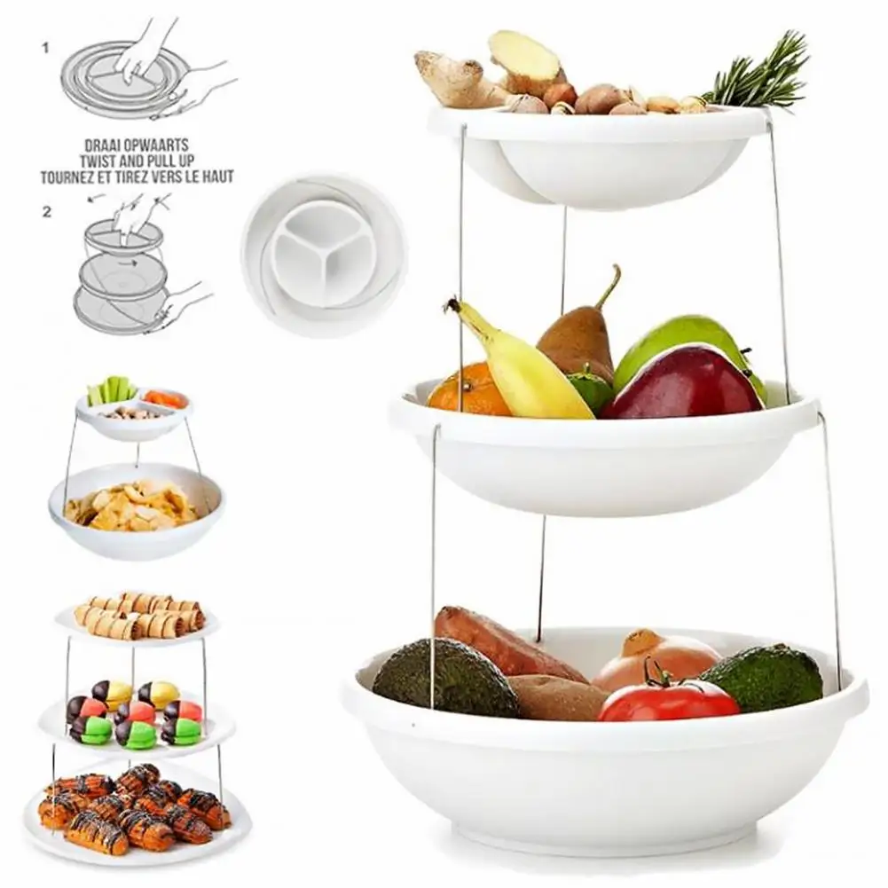 Folding Bowl Triple Laye Snack Bowl Collapsible Nesting Plastic Platter 2/3 Tier Twist Fold Party Bowl Serving Plate for Dips