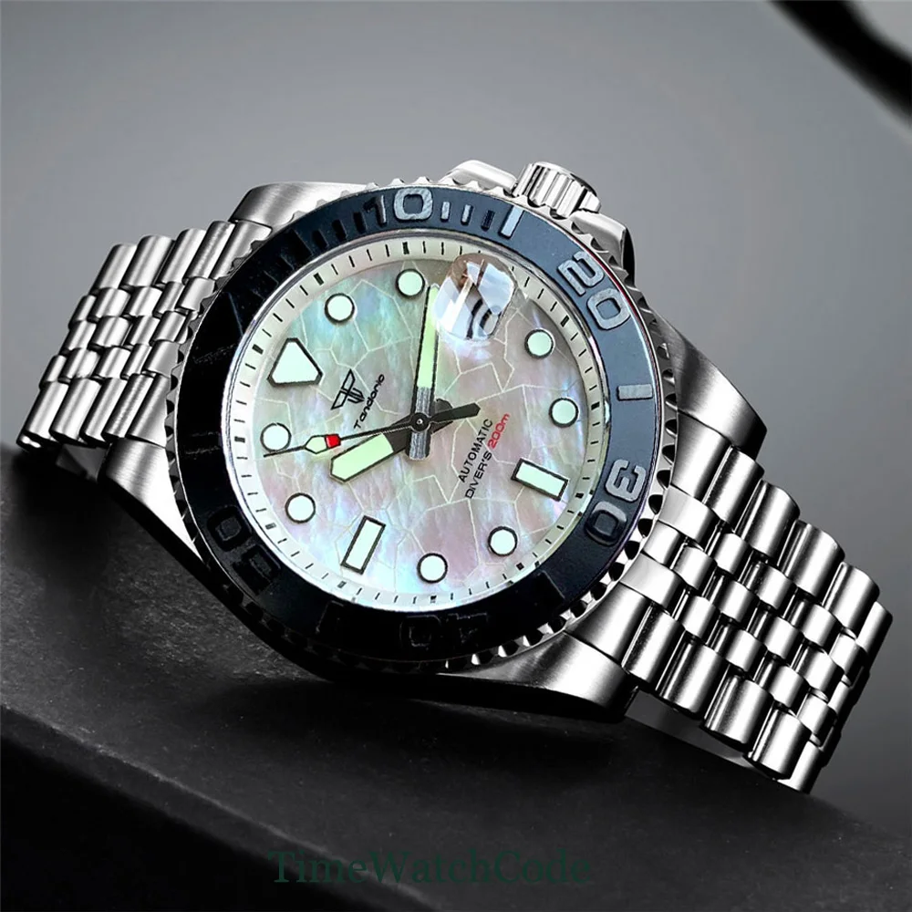 Tandorio Diver Automatic Watch for Men 40mm Mother of Pearl Dial Luminous Face NH35 20ATM 200M Waterproof Glide Lock Bracelet