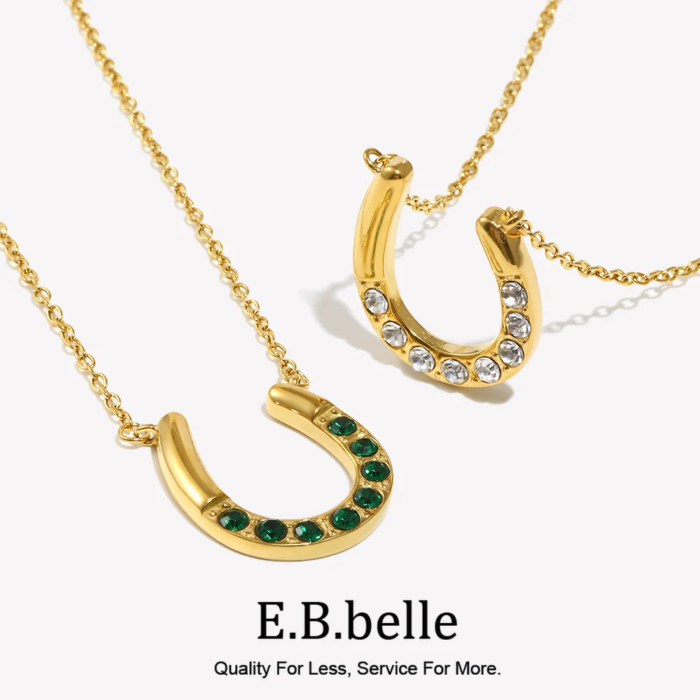 E.B.belle Lucky Horseshoe Pendant Necklace Water Resistant 316L Stainless Steel Decoration 18K Gold Plated Jewelry