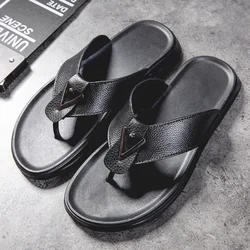 Fashion Men Flip-flops Leather Lightweight Slippers Summer Casual Beach Sandals Male Flat Non-Slip Comfort Classic Black Slides