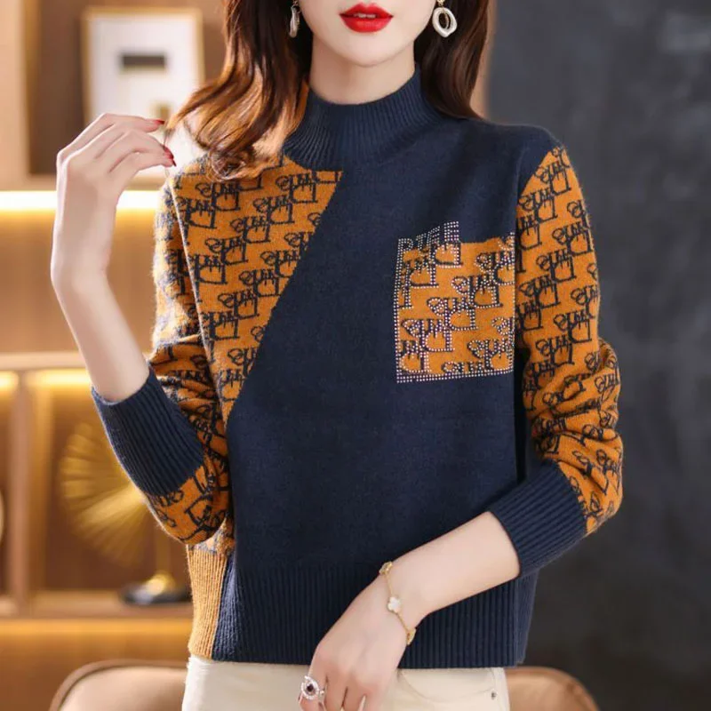 Women Clothing Letter Jacquard Sweaters Autumn Winter Wool Knitted Thick Pullovers Office Lady Vintage Elegant Fashion Knitwear