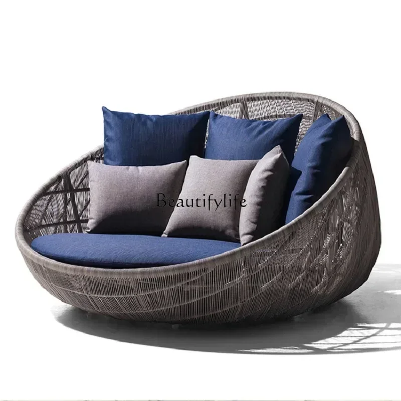 

01Outdoor villa garden Nordic round bed balcony recliner lazy rattan sofa