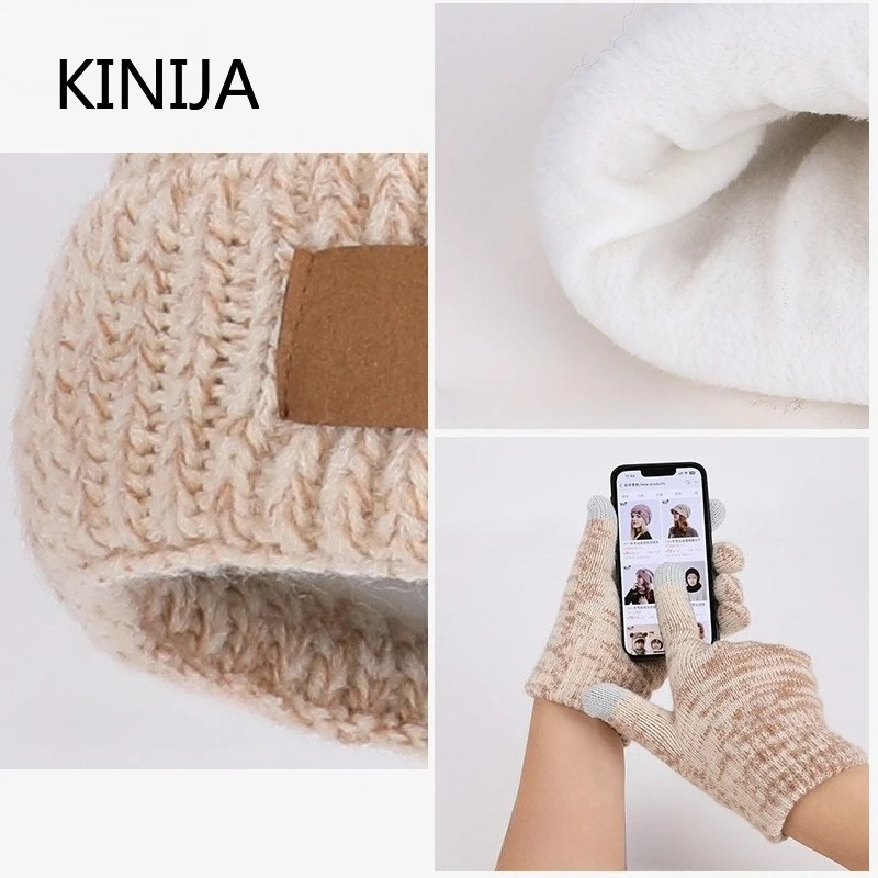 Gorro de invierno, guantes, conjunto de bufanda, gorro tejido para mujer, forro polar grueso, gorro para ciclismo al aire libre, esquí, gorros a prueba de viento