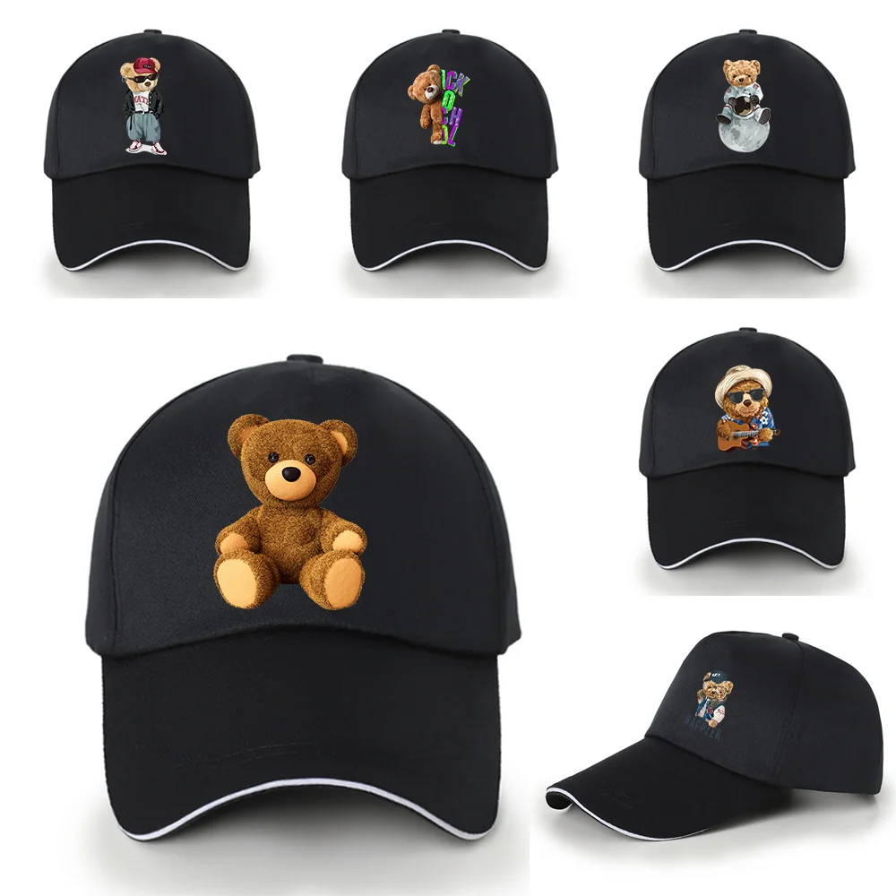 Bear Series Black Baseball Cap Wild Hip-hop Hat Hipster Must-have Peaked Cotton Cap Dad Casual Summer Outdoor Adjustable Sun Hat