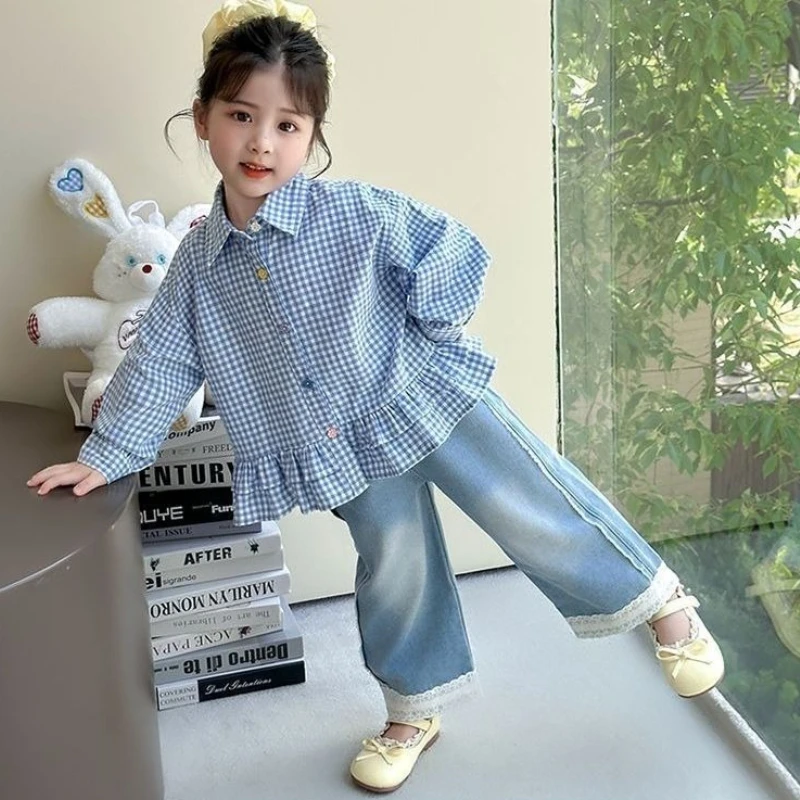 2026 Girls Plaid Shirt Sweet Ruffle Collar Autumn Tops Kids Fashion Children Blouse 4