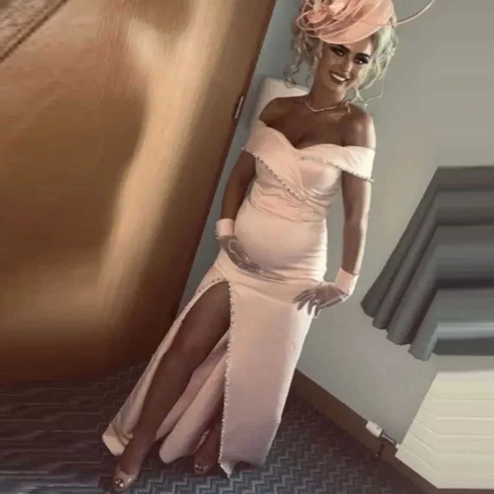 Blush rose sirène robes de bal avec perles paillettes hors de l'épaule haute fente Satin robe de soirée de mariage demoiselle d'honneur robes