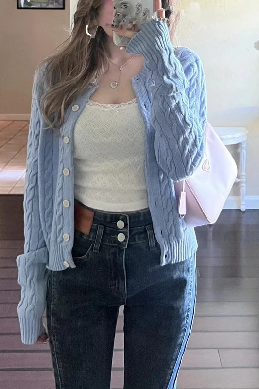 

Retro Twist Knitted Cardigan Sweater ort Casual Women's Single Button Coat BM Sle Cotton Pure Color Low round Ne Long S...