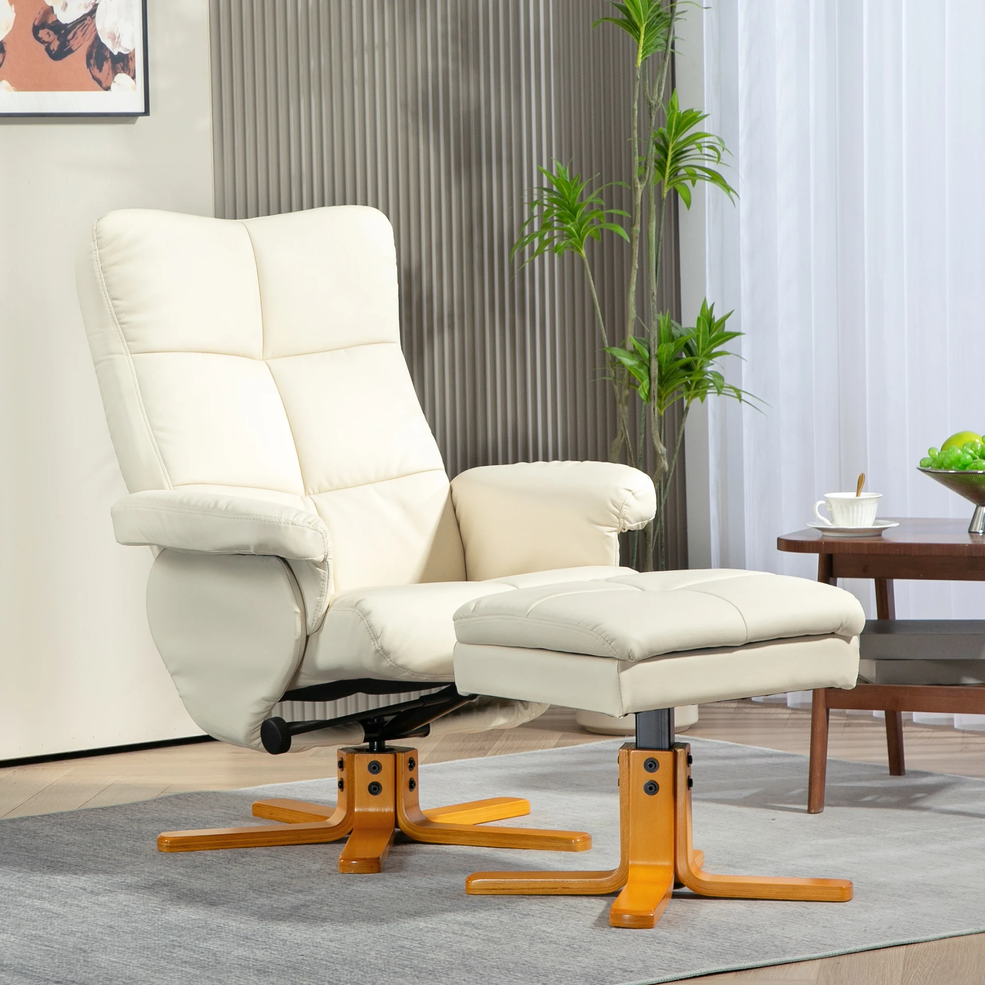 HOMCOM Relaxsessel mit Hocker, 360°drehbarer Fernsehsessel mit Liegefunktion Lesesessel für Schlafzimmer, Wohnzimmer, Kunstleder, DunkelgrauBraunCremeweiß