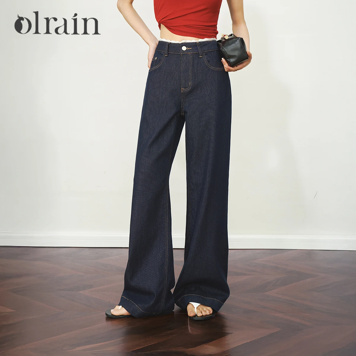 

OLrain Straight Wide Leg Jeans Women 2025 Summer Vingtage Blue Lace High Waist Long Denim Pants Lady Casual Trousers O57XA98920