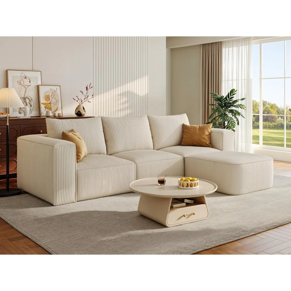 

107 Inch Cloud Modular Sofa with L-Shape Chaise, Deep Seat & 3 Pillows, Corduroy Couch for Living Room Bedroom