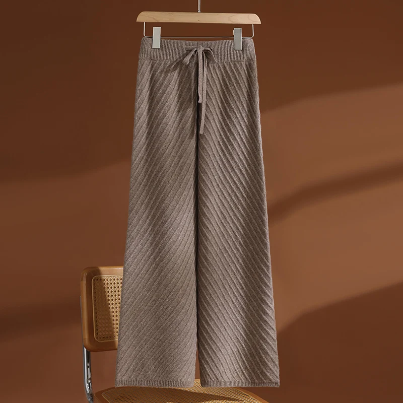 35% Cashmere & 65% Wool! Women's Thickened Elastic - Waist Diagonal - Striped Wide - Leg Pants, Warm & Leg - Lengthening