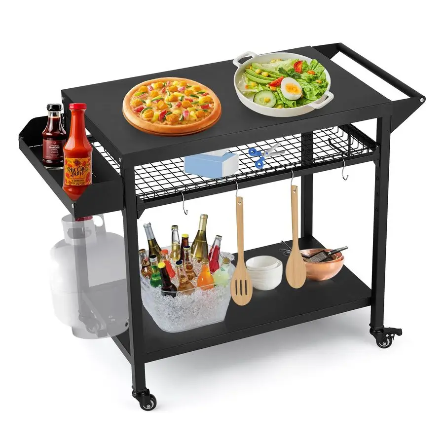 

Outdoor Grill Cart, Pizza Oven Stand Table with Mesh Racks Dining Cart Table for Outside Patio, Movable Kitchen Cooking Prep Tab