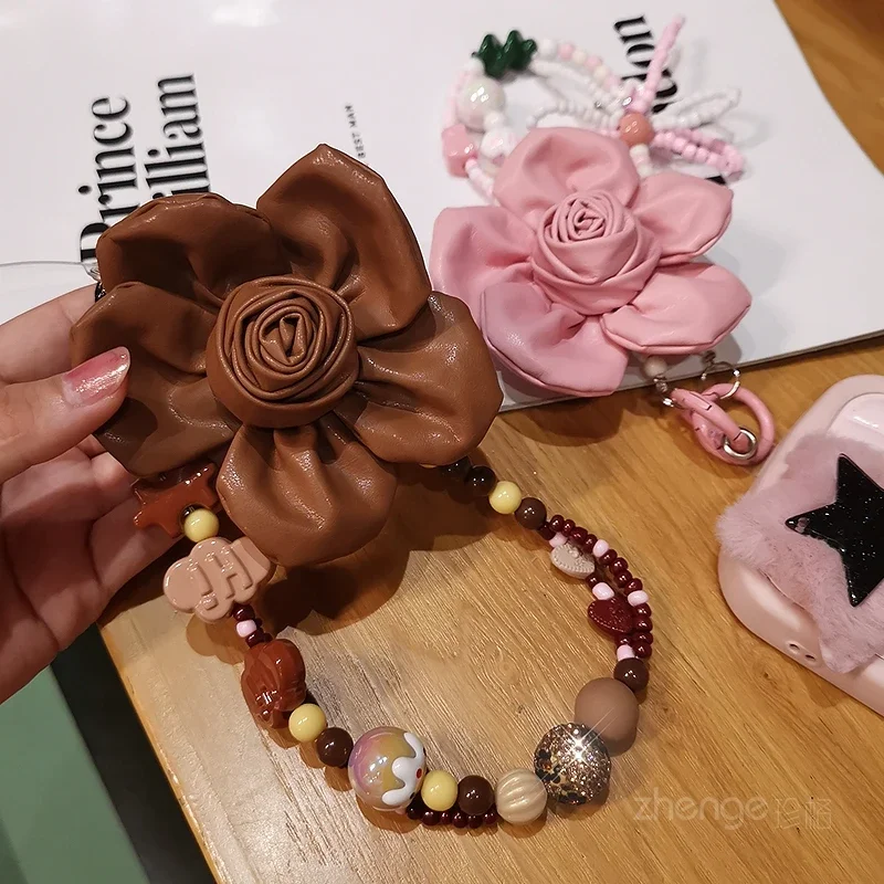 Mobile Phone Lanyard Leather Five Petal Flower Small Bead Bow Bracelet Women's Clip Universal Short Wrist Strap Flower Lanyard