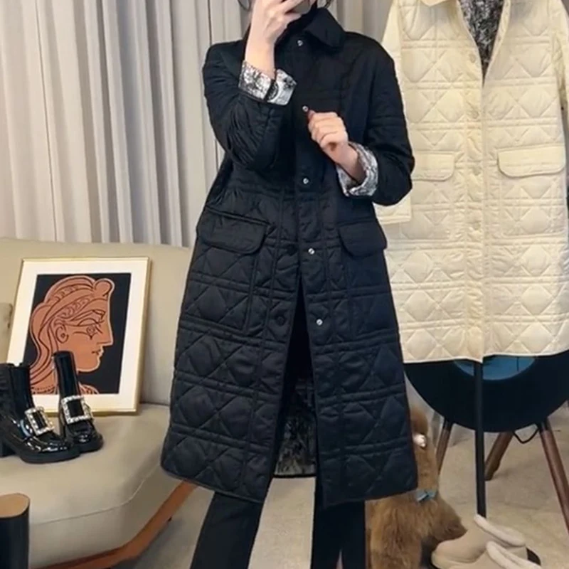 Trendy Korean Style Black Cotton Jacket Quilted Midi Coat  Collar Long Sleeve Single Button Closure Pure Color Design