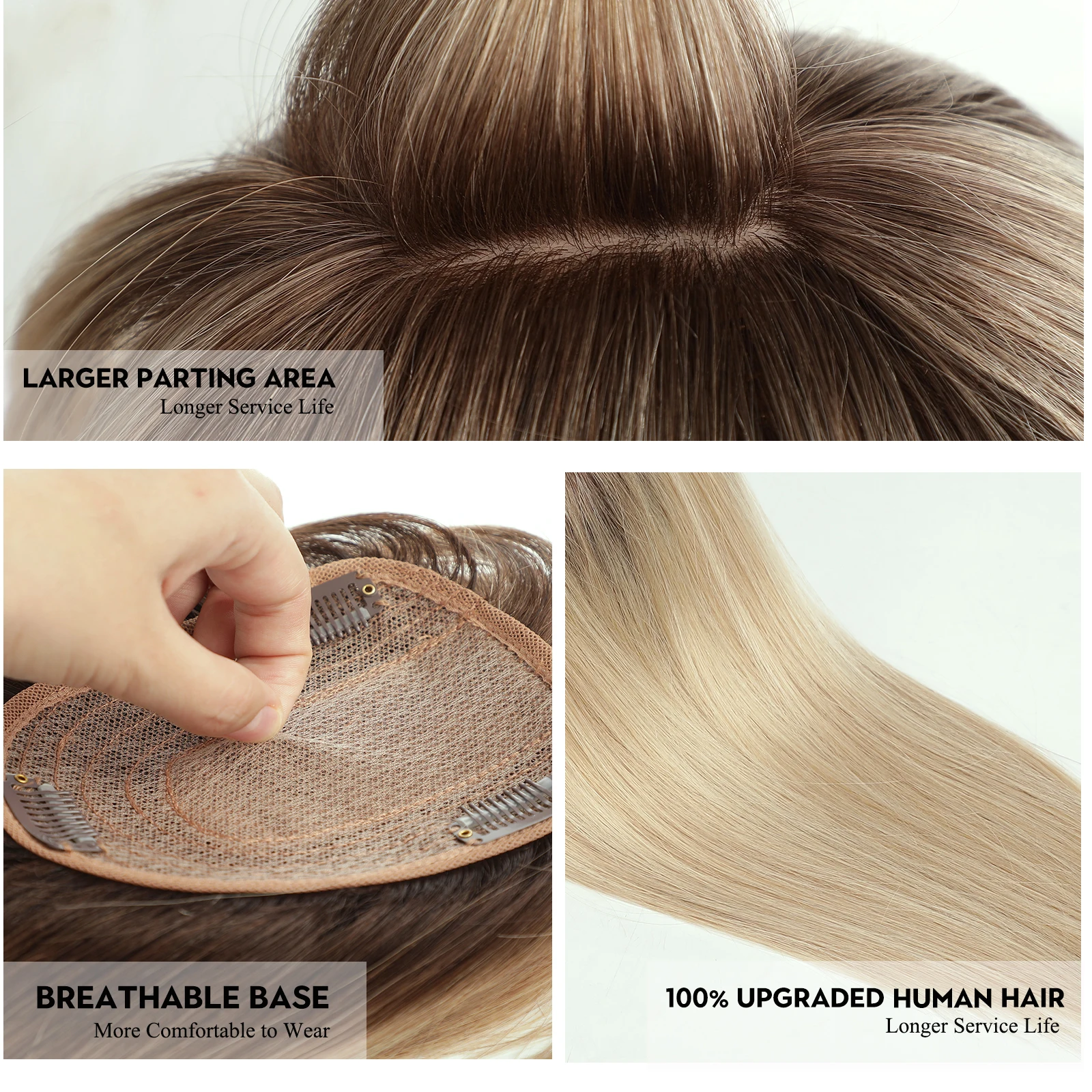 100% Remy Human Hair Topper Ombre Blonde Human Hair Pieces with Bangs for Women Silk Base Clip In Topper For Thinning Hair 14in