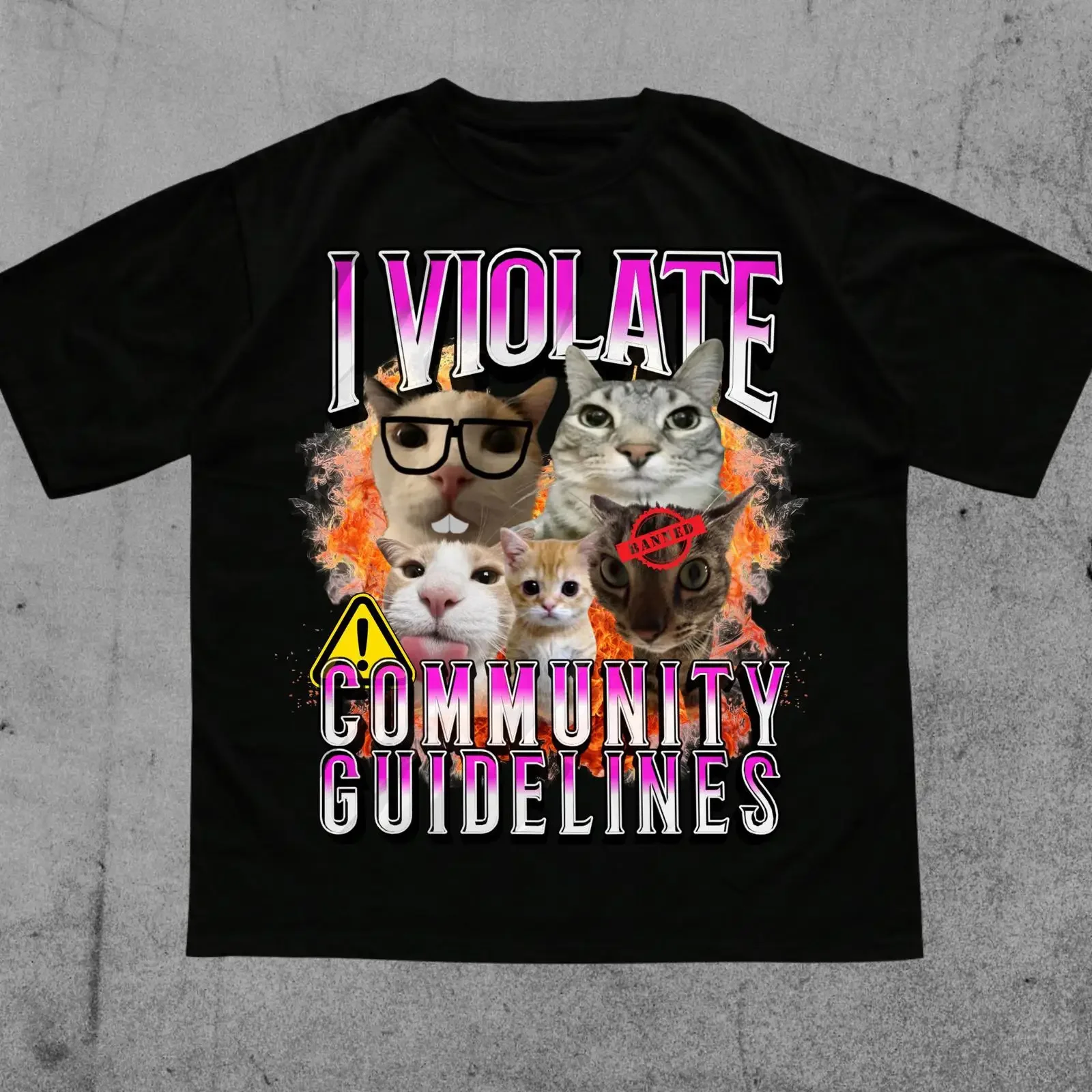 I Violate Community Guidelines Cat Meme T Shirt Silly Cursed Edgy Dark Humor Cringy vintage Washed Stylish graphic Soft fashion