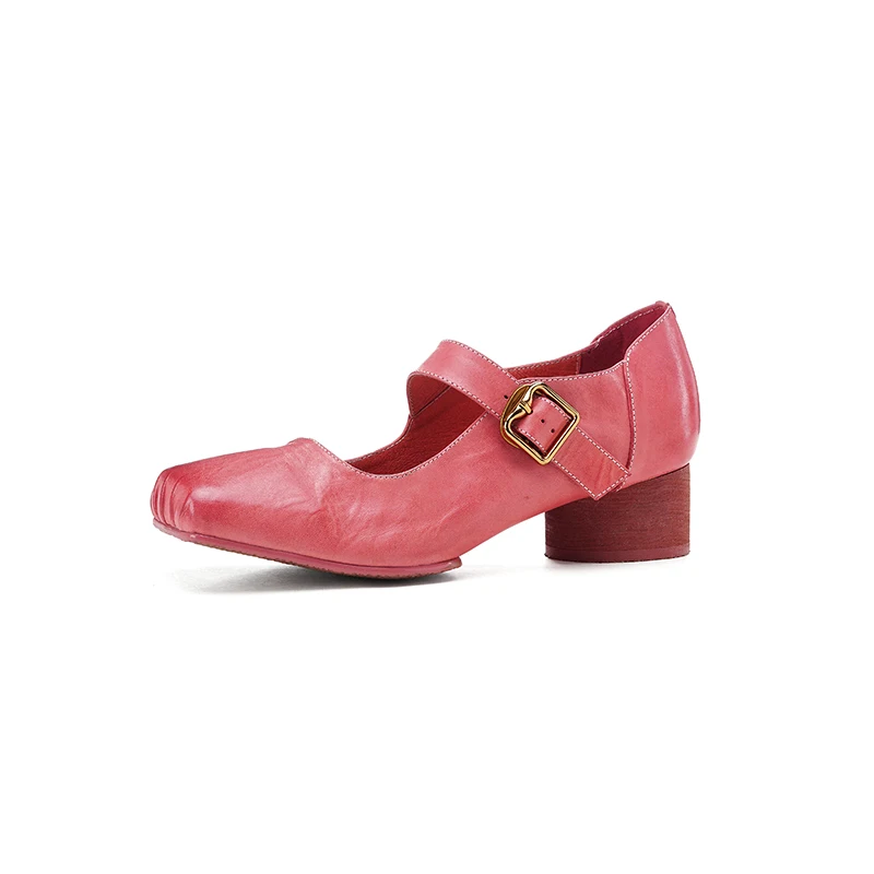 Women Mary Janes Spring Retro Pumps Mid Heel Dress Work Pumps European One Strap Mary Janes Horsehide Square Toe Footwear