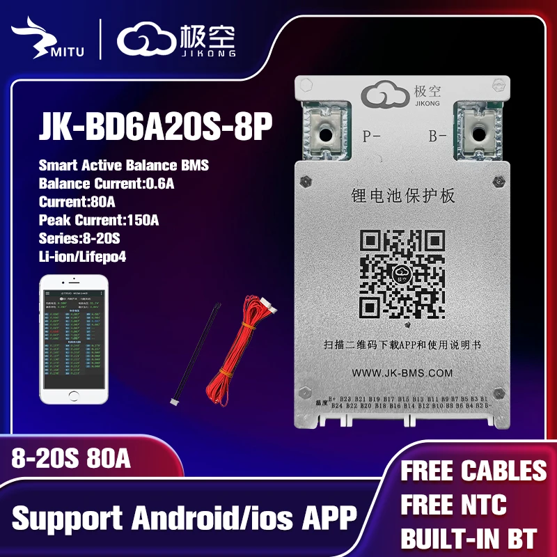 

Jk BMS BD6A20S8P 8S 20S 80A 150A 13S 14S 16S 17S 24V 36V 48V 60V 72V Smart Bluetooth Active Balance Lifepo4 Li-Ion Lto Battery