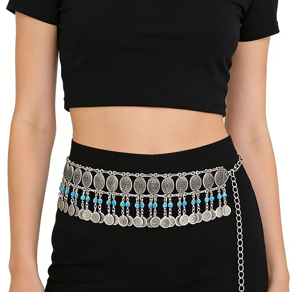 

Gypsy Turkey Tribal Oval Dance Belly Waist Chain Blue Black Stone Coin Belt Body Chain Color India Bohe Dress Jewelry Accessory