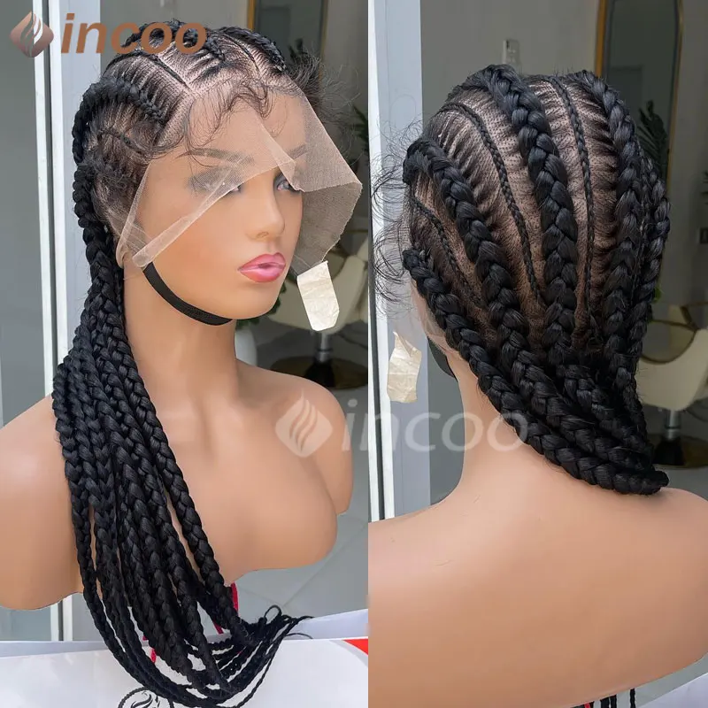 Wig kepang renda penuh 36 "Wig sintetis kepang Jumbo kepang cornrow kotak tanpa simpul Wig kepang rambut hitam wanita renda depan