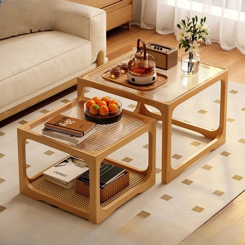 Solid wood glass coffee table living room household small apartment tea table square combination side table