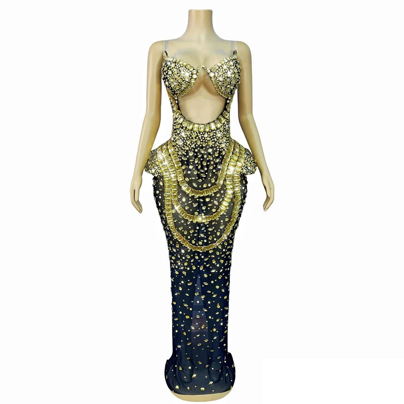 Sukienka z pełnymi zdobieniami z kryształków, strój dla piosenkarki, wieczorowa, na imprezę w klubie nocnym, festiwal, sukienki sceniczne, na wybieg, XS10259