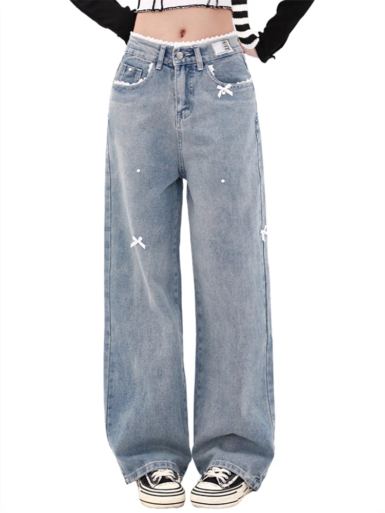 

Женские широкие синие джинсы с кружевным бантом и высокой талией, уличная одежда, винтажные брюки для милых девушек, женские повседневные мешковатые джинсовые брюки