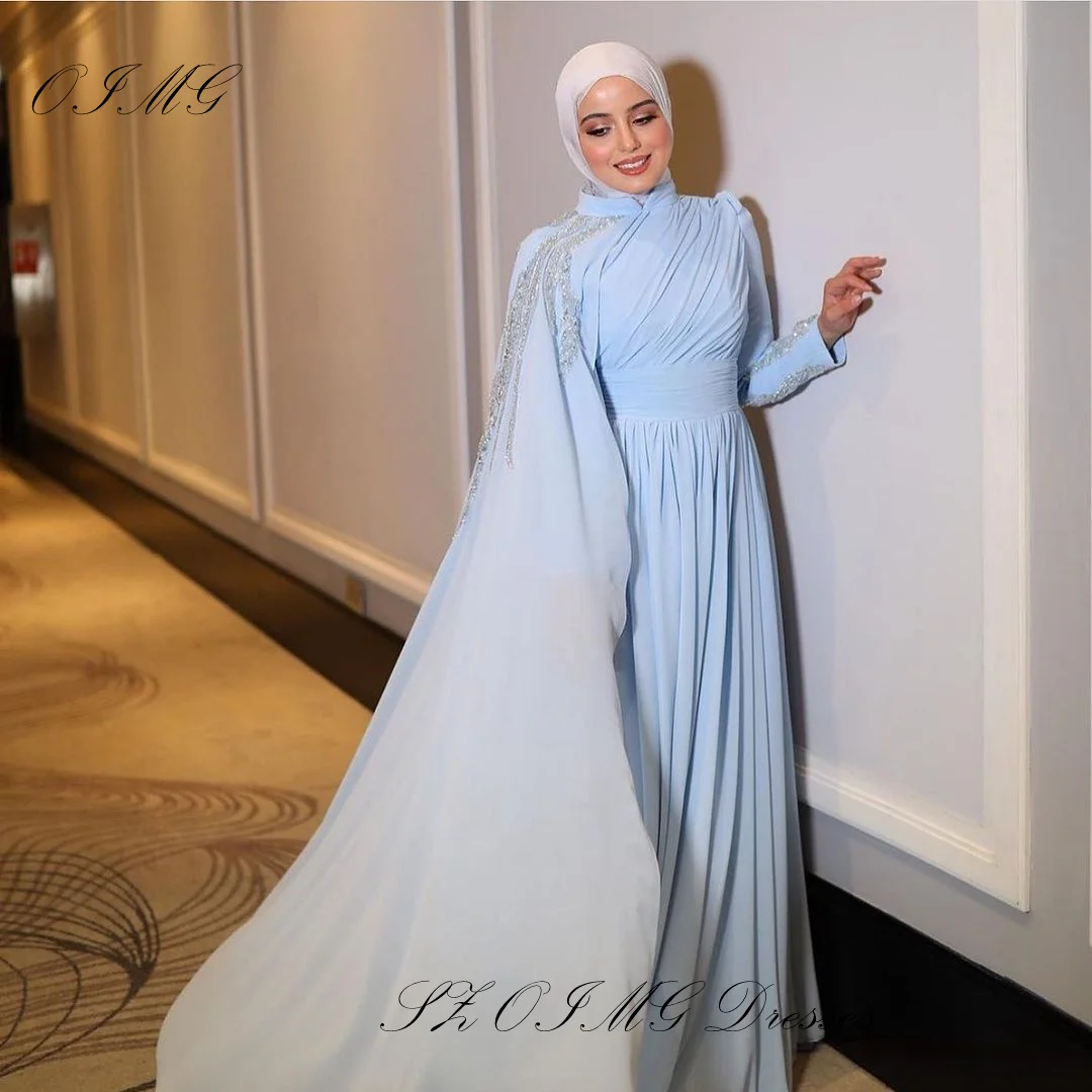 

OIMG Exquisite Customized Prom Dresses Saudi Arabic Women Chiffon Modest Ruched Evening Gowns Occasion Formal Party Dress