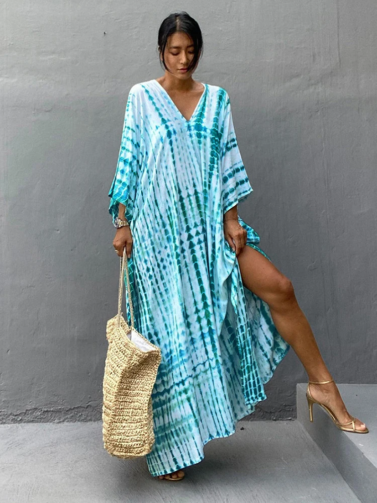 Vestido playero de estilo bohemio para mujer, traje de baño de estilo Retro a rayas, estilo Kimono, Pareo, caftán, 2023