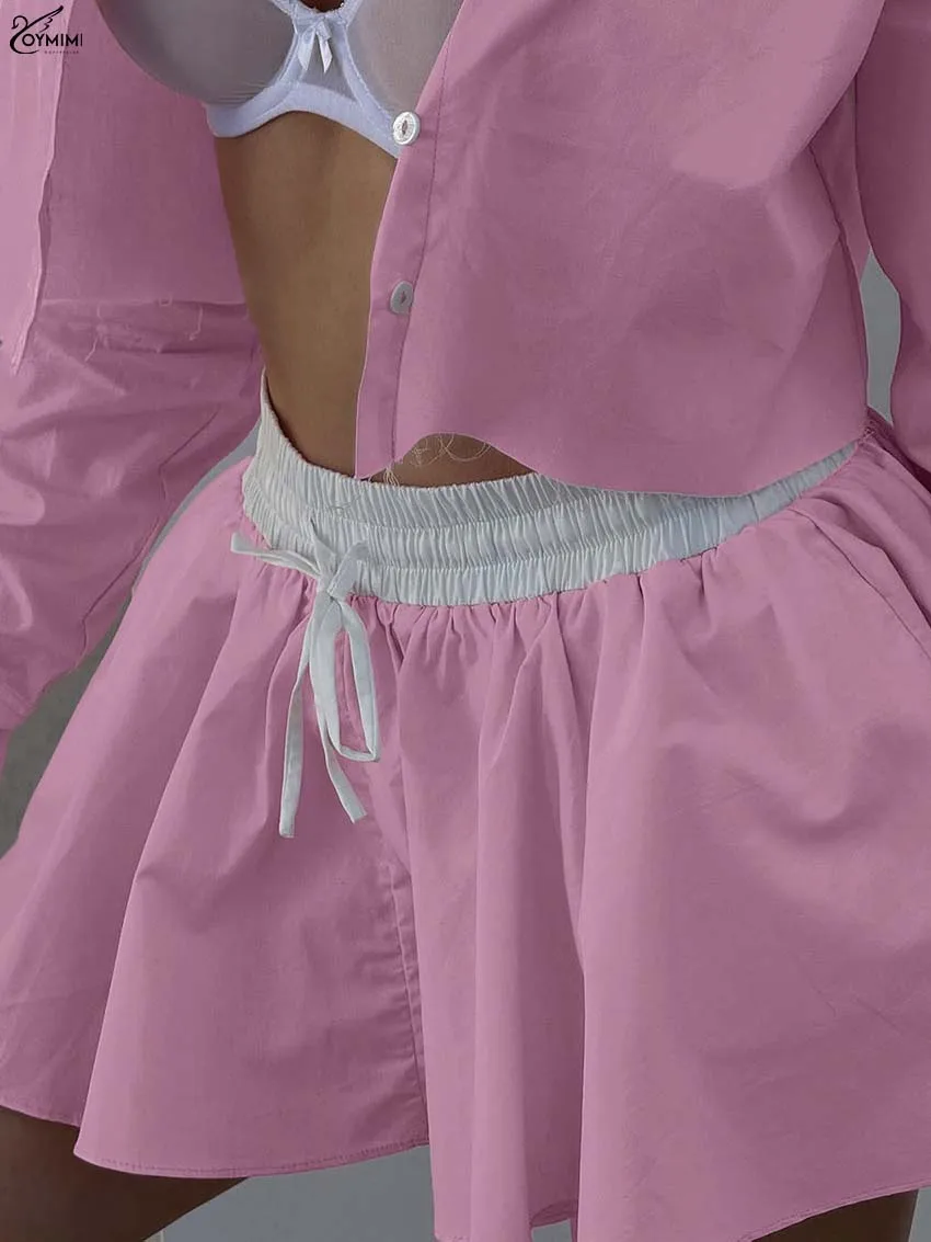 Oymimi Fashion Różowy Bawełniany Zestaw 2-częściowy Dla Kobiet Eleganckie Koszule z Długim Rękawem Zapinane na Guziki i Mini Spódniczki ze Sznurkiem