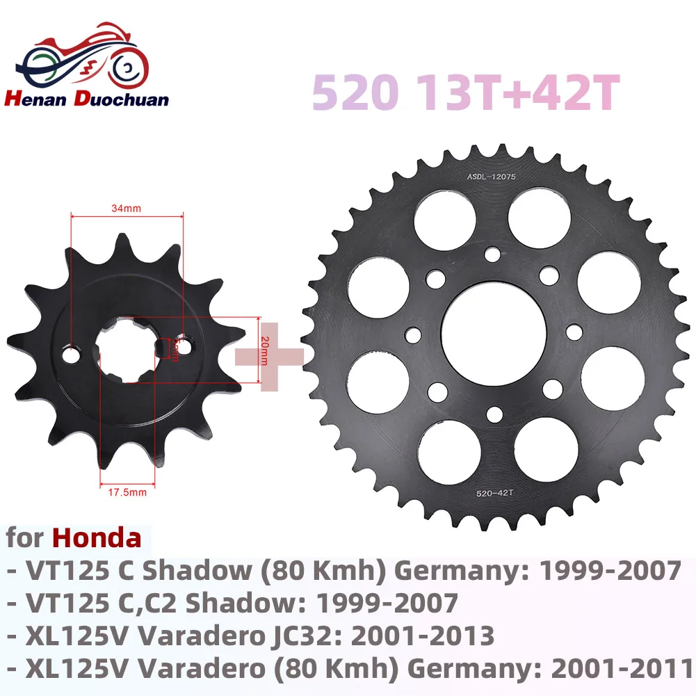 520 13T 42T Front Rear Sprocket Kit for Honda VT125 Shadow XL125V Varadero 6 Spline 17.5x20mm 7.8mm Heat Treated Black 45 Steel