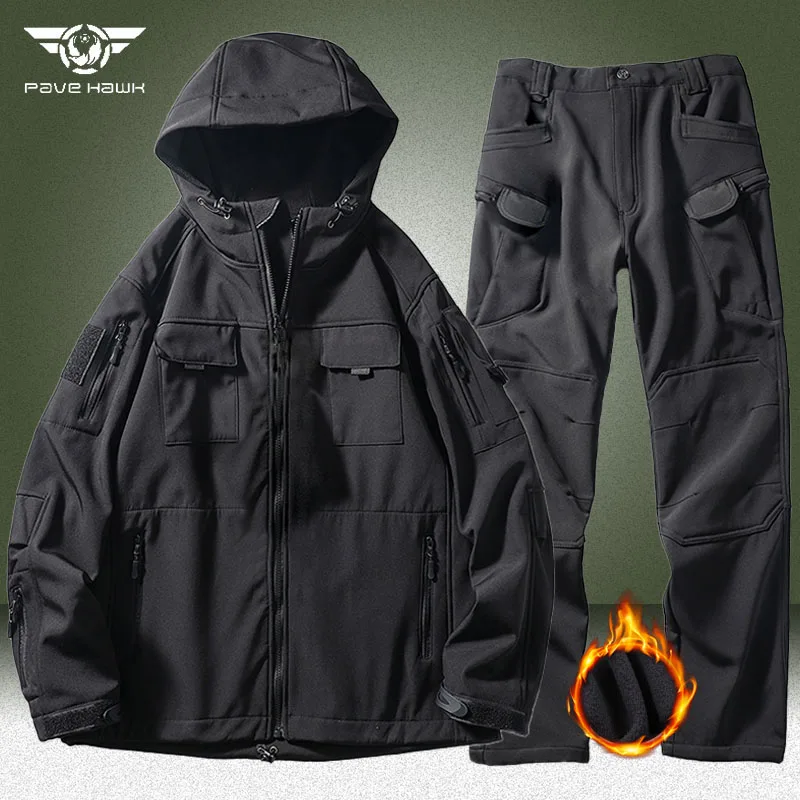 Military Fleece Sets Men Winter Multi-pocket Hooded Jacket+Soft Shell Cargo Pants 2 Pcs Suits Outdoor Waterproof Tactical Set