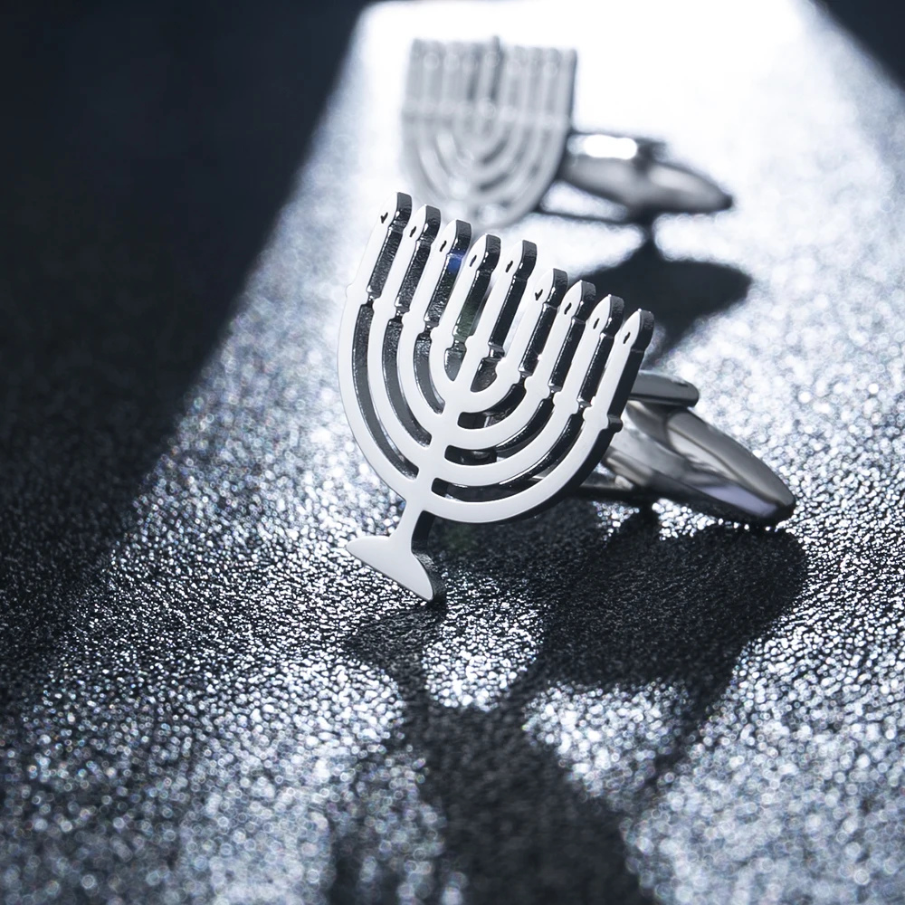 Jewish Menorah Cufflinks for Mens Stainless Steel Shirt Suit Buttons Cufflinks God Shabbat Wedding Accessories Religious Jewelry