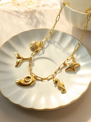 Ocean Beach Pendant Stainless Steel Necklace Conch Shell Seahorse Starfish Pendant Summer Waterproof Necklace Jewelry Gift