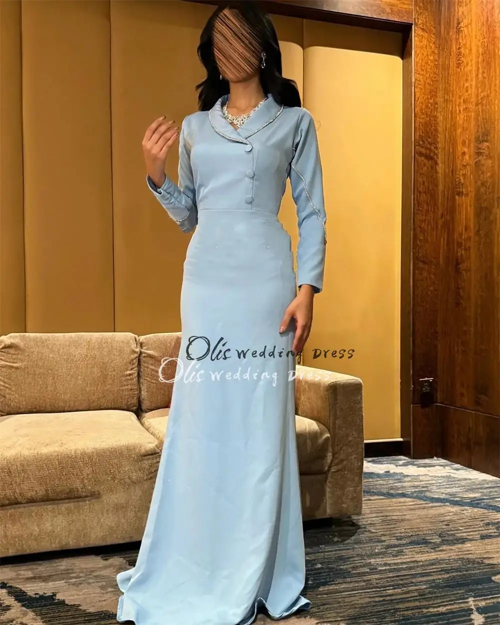 

customized Modern Style Formal Evening V-Neck A-line Beading Button Satin Bespoke Occasion Dresses