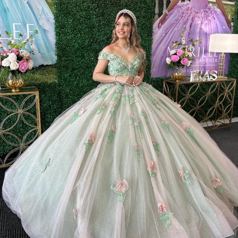 

Light Green Shiny Stunning Bahama Sweet 16 Quinceanera Dresses Sequins Lace Applique Ball Gown Vestido De 15 Anos Lace-Up