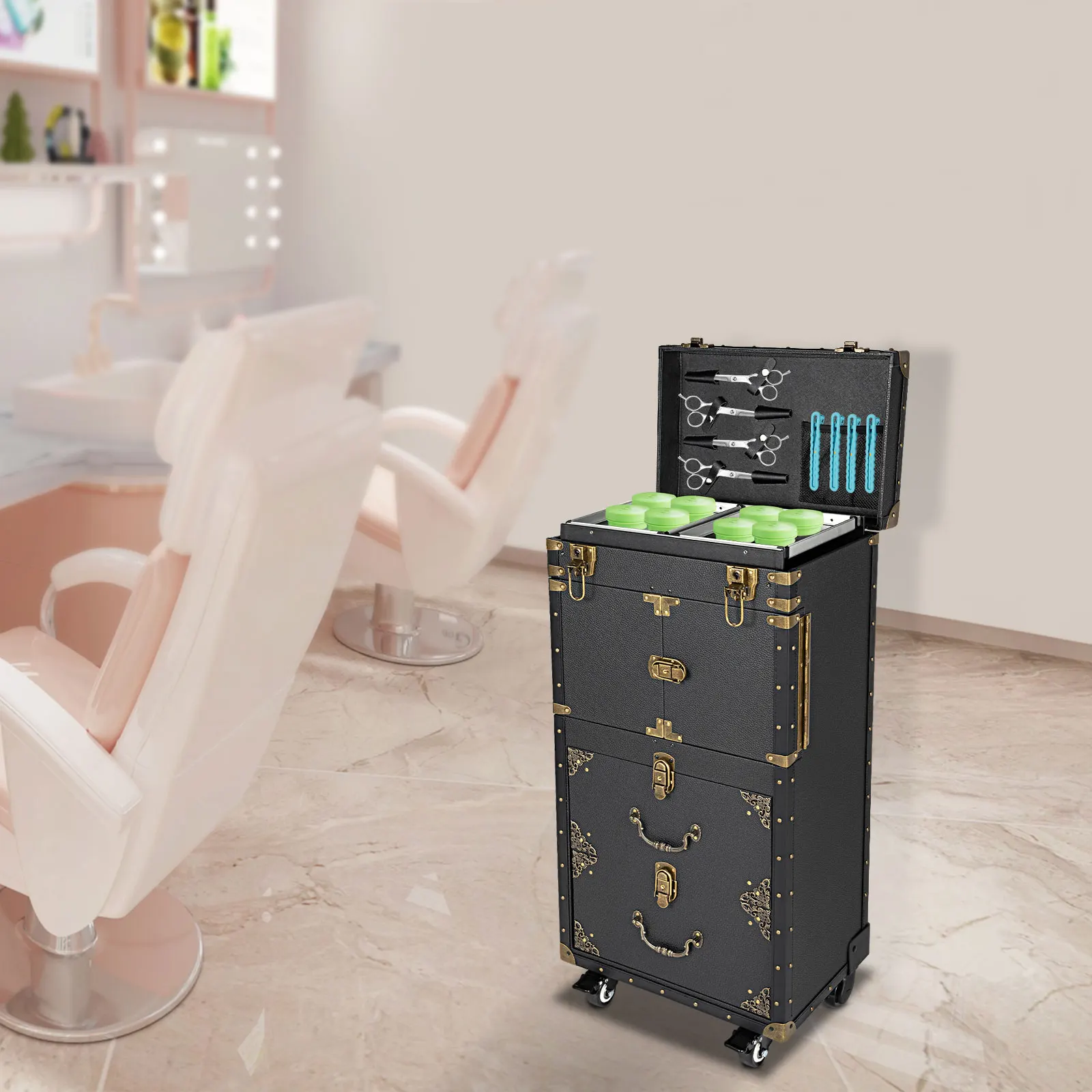 

Beauty Salon Luggage, Rolling Lockable Makeup Train Case, Cosmetic Luggage Travel Organizer W/ Hair Dryer Holder for Makeup