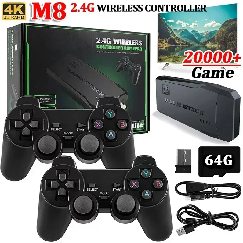 لعبة فيديو Stick Lite 4K لعبة فيديو M8 وحدة تحكم 64 جيجابايت وحدة تحكم لاسلكية مزدوجة لعام 20000 ألعاب ريترو هدية عيد الميلاد للأطفال 4K HDMI