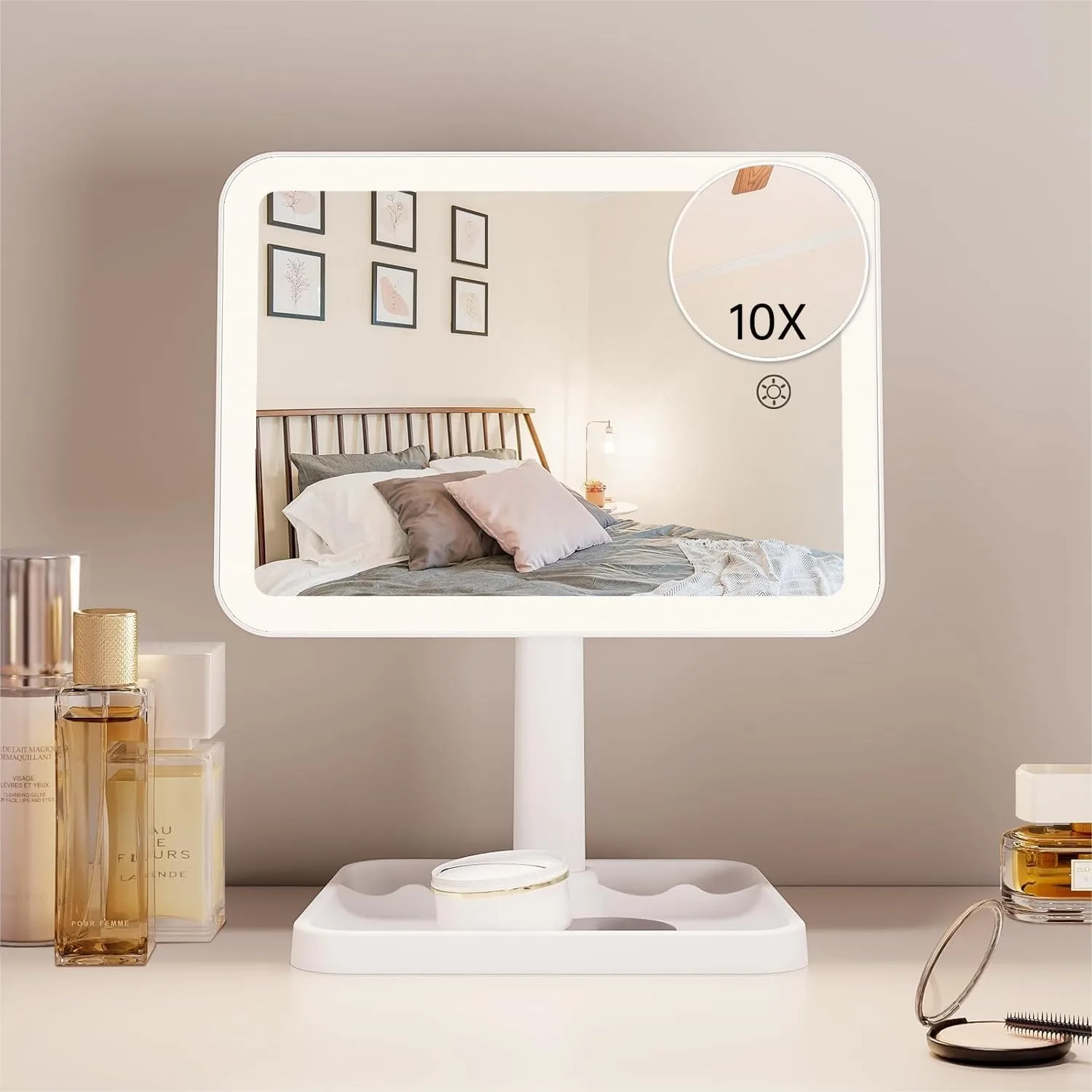

Rechargeable Lighted Makeup Mirror with 10X Magnification, 3 Color Lighting, 360° Rotation, 2000mAh, Portable Tabletop Mirror