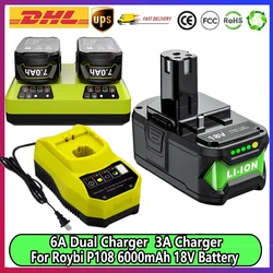 For Roybi P108 Battery 6000mAh With 6A Dual Charger Replacement Battery For Roybi 18V ONE System P102 P103 P104 P105 P107 P109