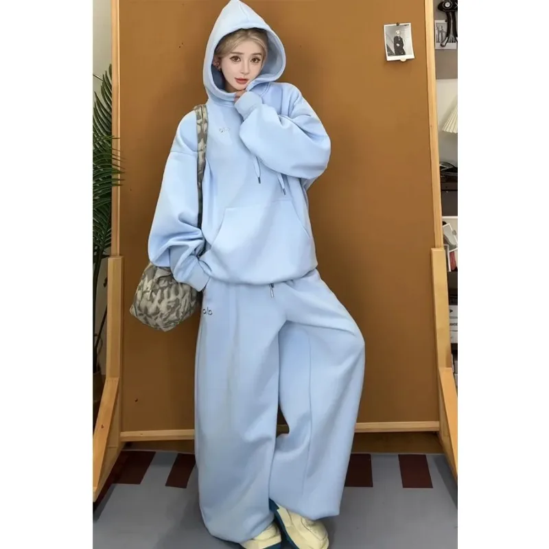 Women Autumn Winter Lazy Style Tracksuit Loose Hooded Sweatshirt Wide Leg Pants Two Piece Casual Outfit Set